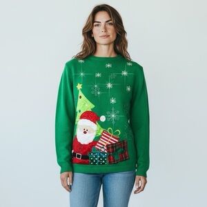 Retro Threads Christmas Sweater Womens Sz L Green Santa Claus Extra Bling